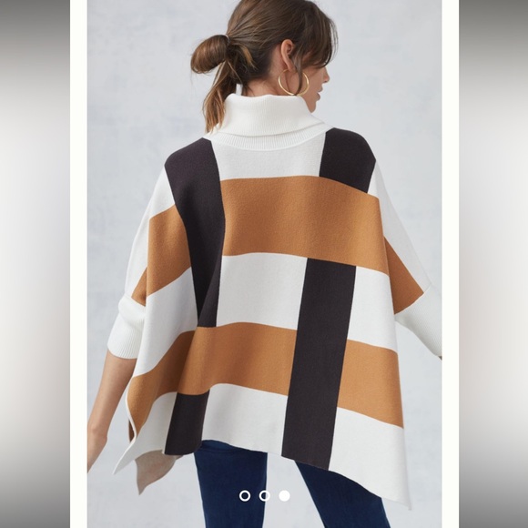 Anthropologie White and Brown Poncho Sweater - Picture 3 of 9